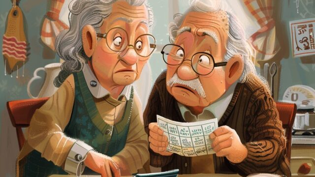 An elderly couple discussing living expenses